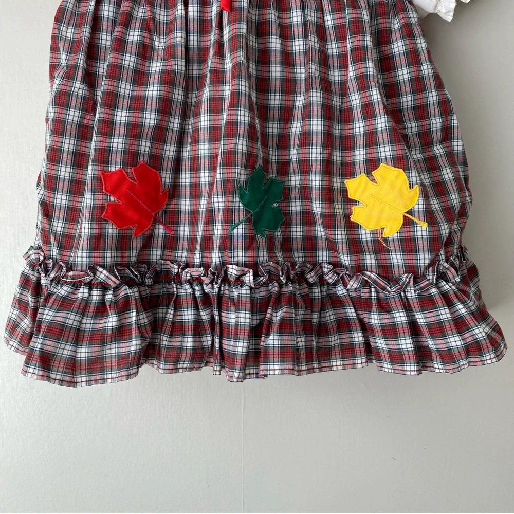 Vintage JCPenney Toddletime Puff Sleeve Plaid Fall Leaf Embroidered Dress 2-3T